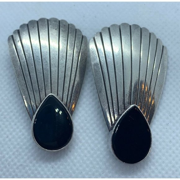 Vintage 925 Sterling Silver & Black Onyx Artist Signed Clip Earrings 14.6g - Picture 2 of 5